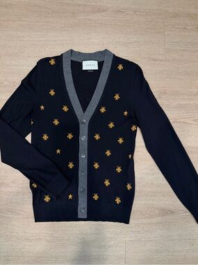 Gucci Navy Cardigan with Gold Bee & Star Embroidery